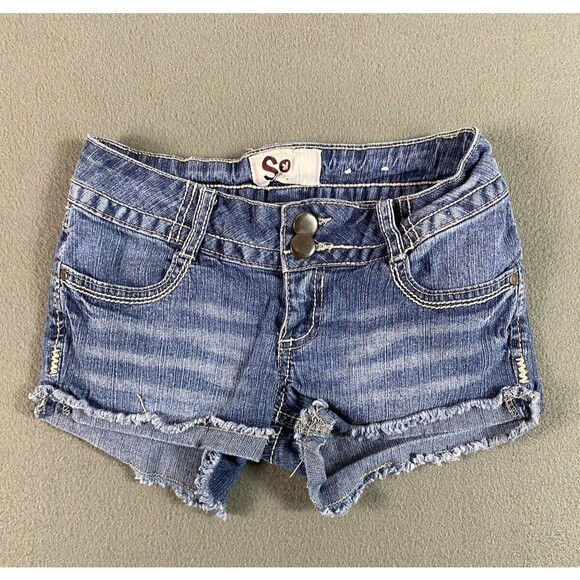 SO Shortie Cut Off Shorts 26x2 Blue Flap Pockets Embellished Booty Juniors Tag 1 - Picture 1 of 11